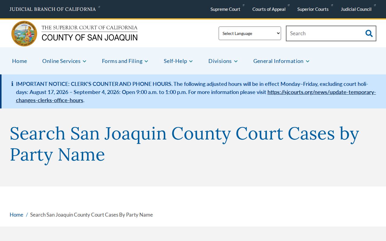 Stockton residents directory Superior Court party search