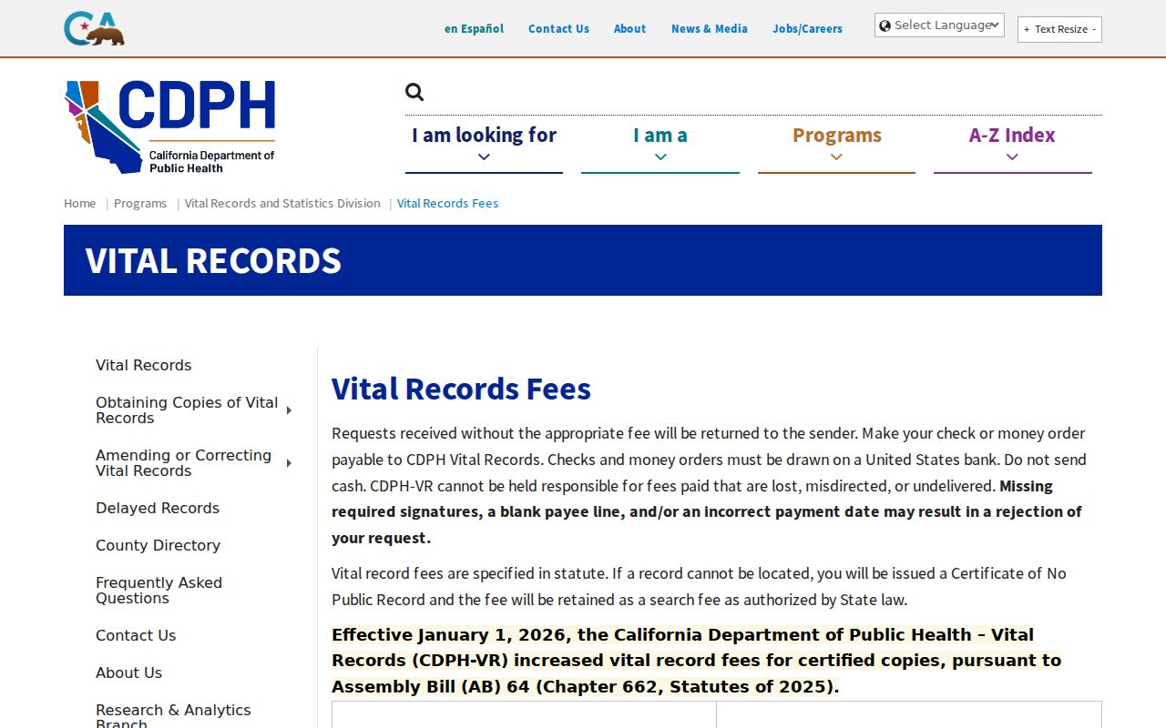 Stockton previous residents California vital record fees
